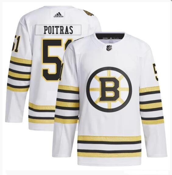 Men's Boston Bruins #51 Matthew Poitras White 100th Anniversary Stitched Jersey
